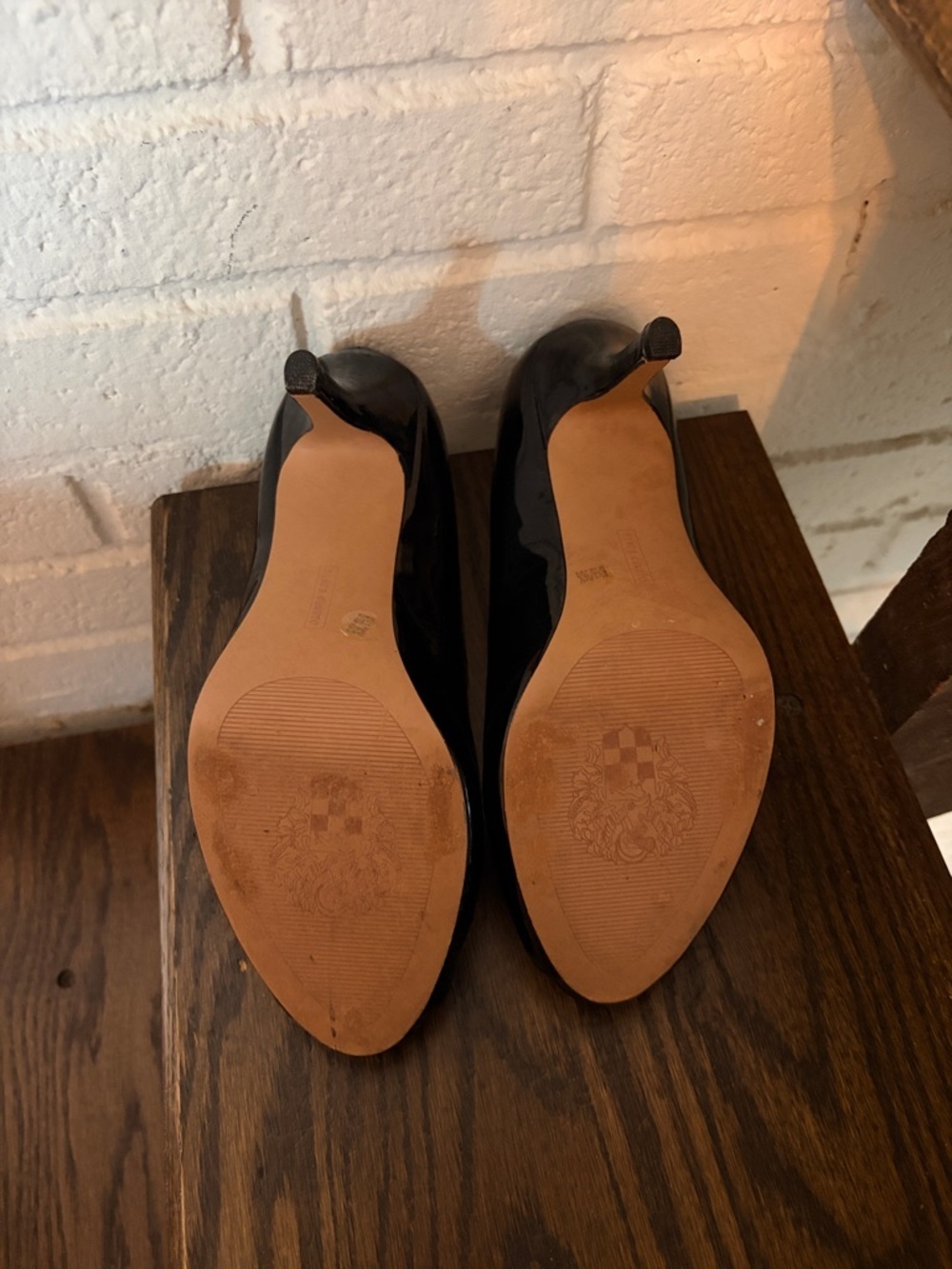 Vince Camuto Black Patent Peep Toe Heels - Picture 2 of 6